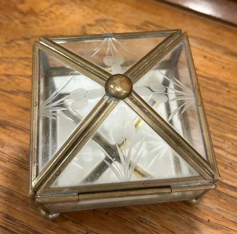Vintage Brass and Etched Glass Footed Trinket Box with Mirrored Bottom